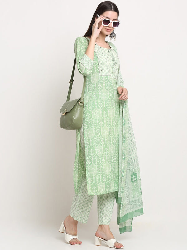Kalini Women Green Ethnic Motifs Printed Mirror Work Pure Cotton Kurta with Trousers & With Dupatta - Distacart
