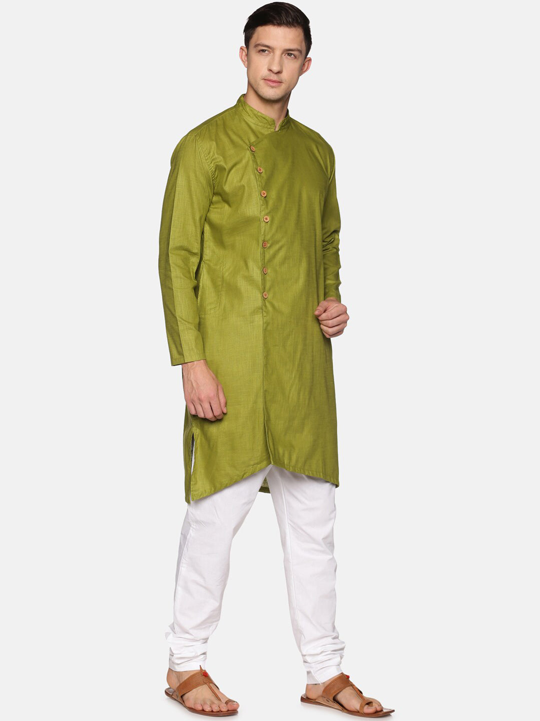 Sethukrishna Men Green Angrakha Pure Cotton Kurta with Pyjamas - Distacart