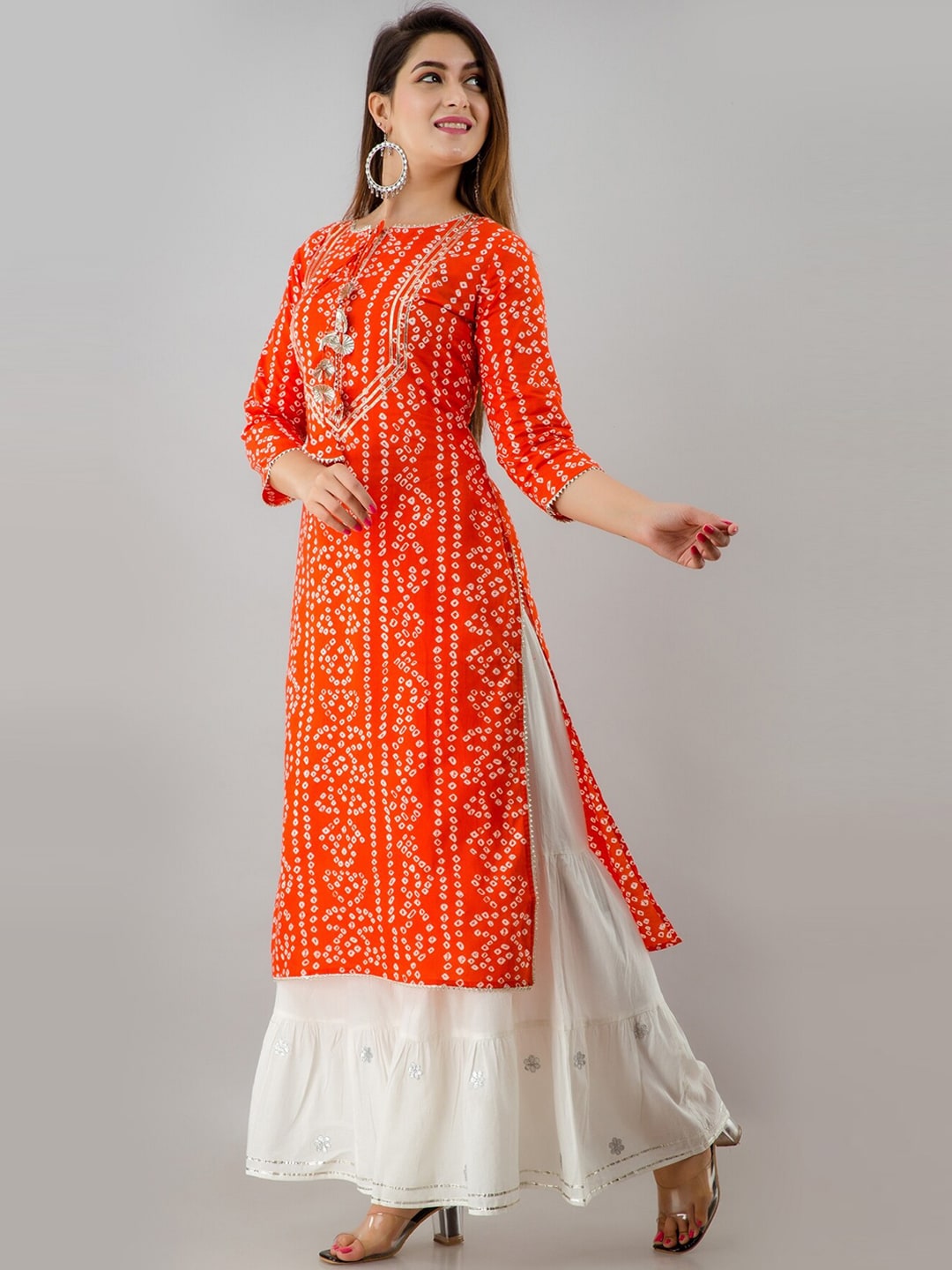HERE&NOW Orange & White Bandhani Printed Gotta Patti Kurta with Sharara - Distacart