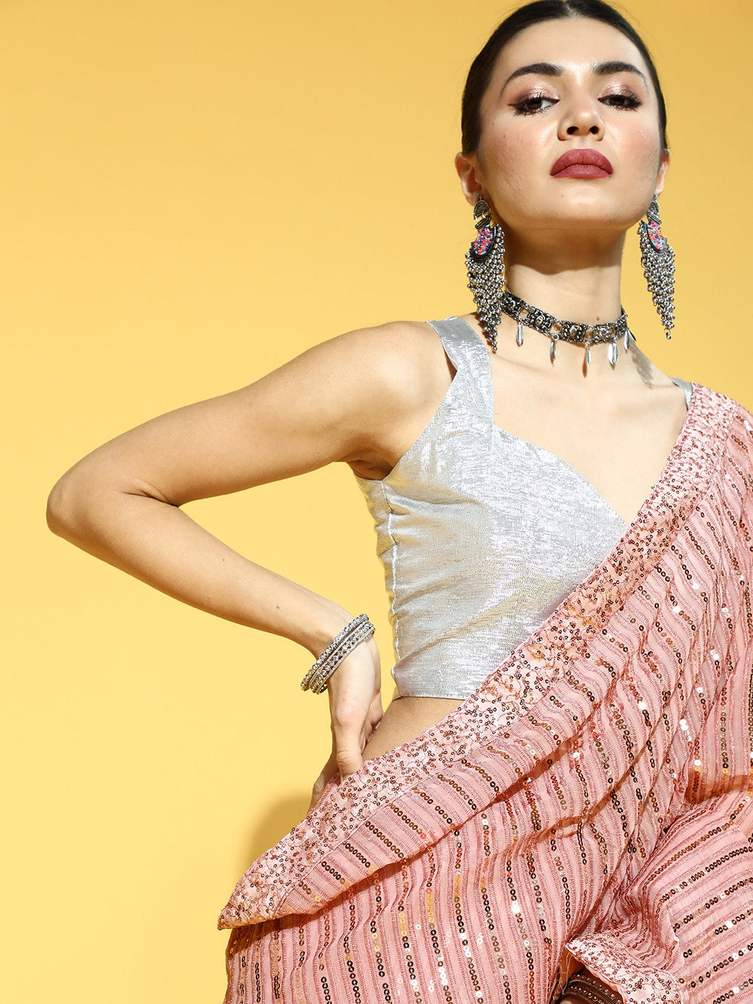 Mitera Striped Saree with Embellished Border - Distacart