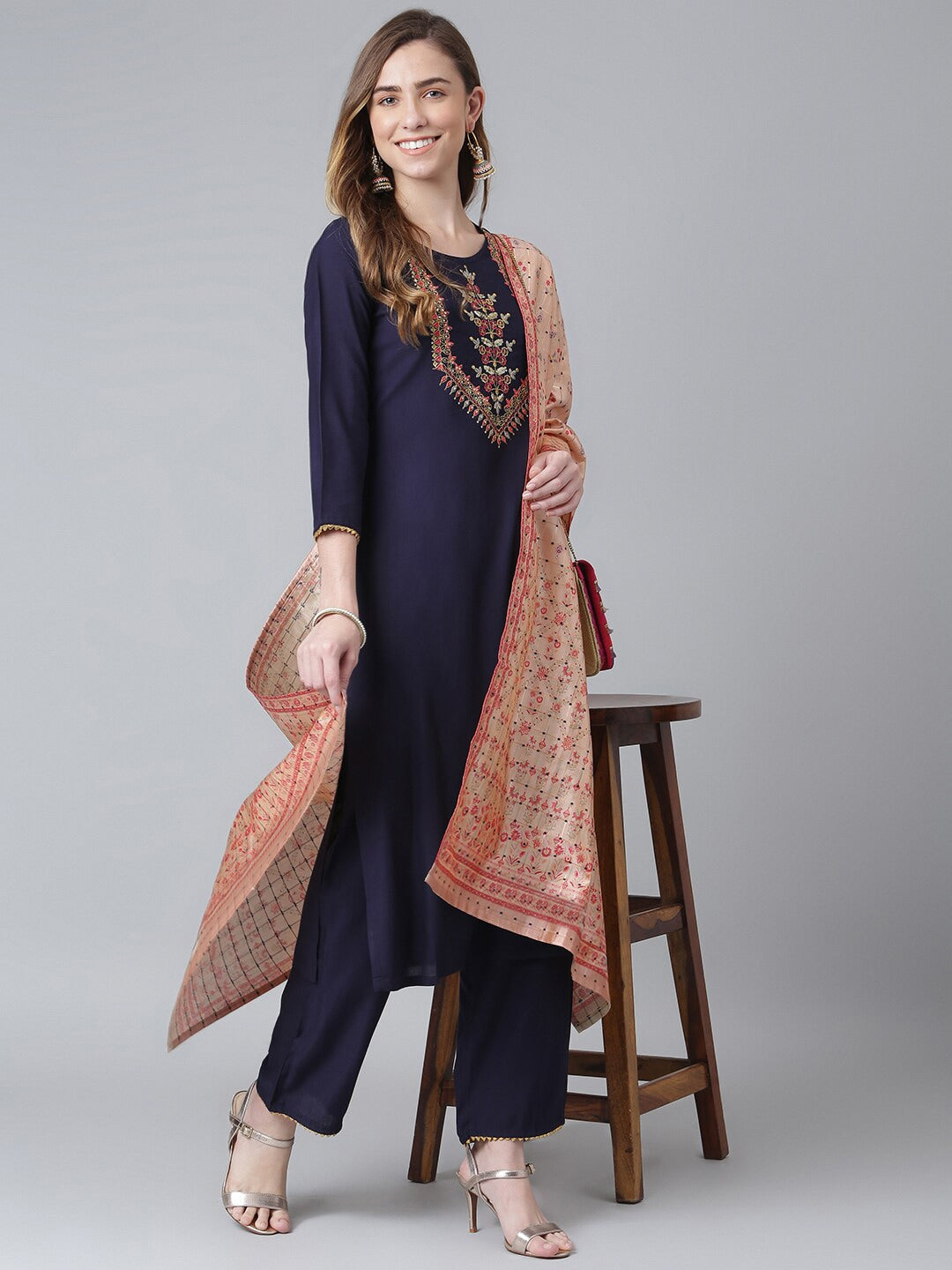 Khushal K Ethnic Motifs Embroidered Kurta with Palazzos & Dupatta - Distacart