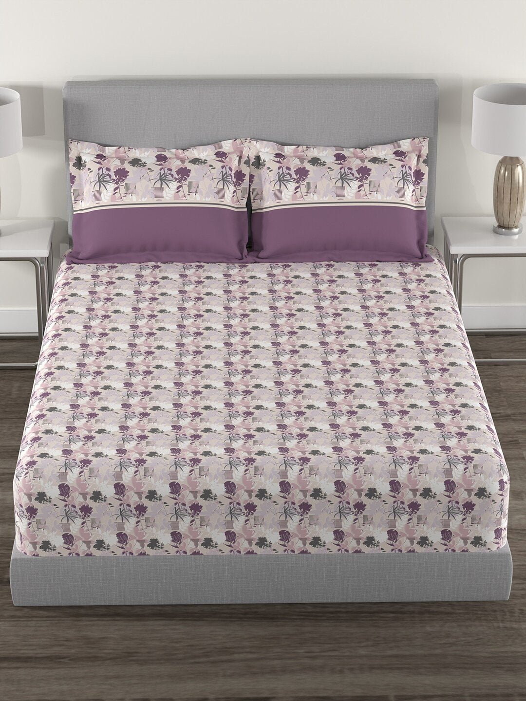 MYTRIDENT Mauve White Floral Cotton 144 TC Queen Bedsheet With 2 Pillow Covers - Distacart