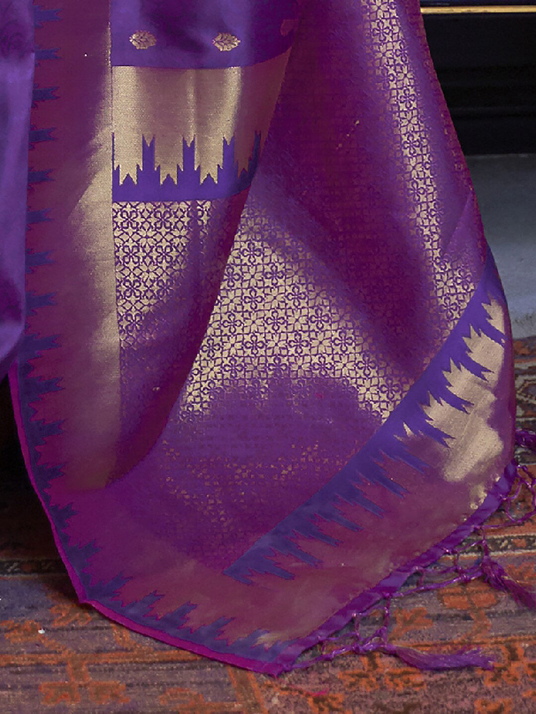 Mitera Purple & Gold-Toned Ethnic Motifs Zari Silk Blend Kanjeevaram Saree - Distacart