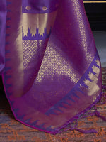 Thumbnail for Mitera Purple & Gold-Toned Ethnic Motifs Zari Silk Blend Kanjeevaram Saree - Distacart