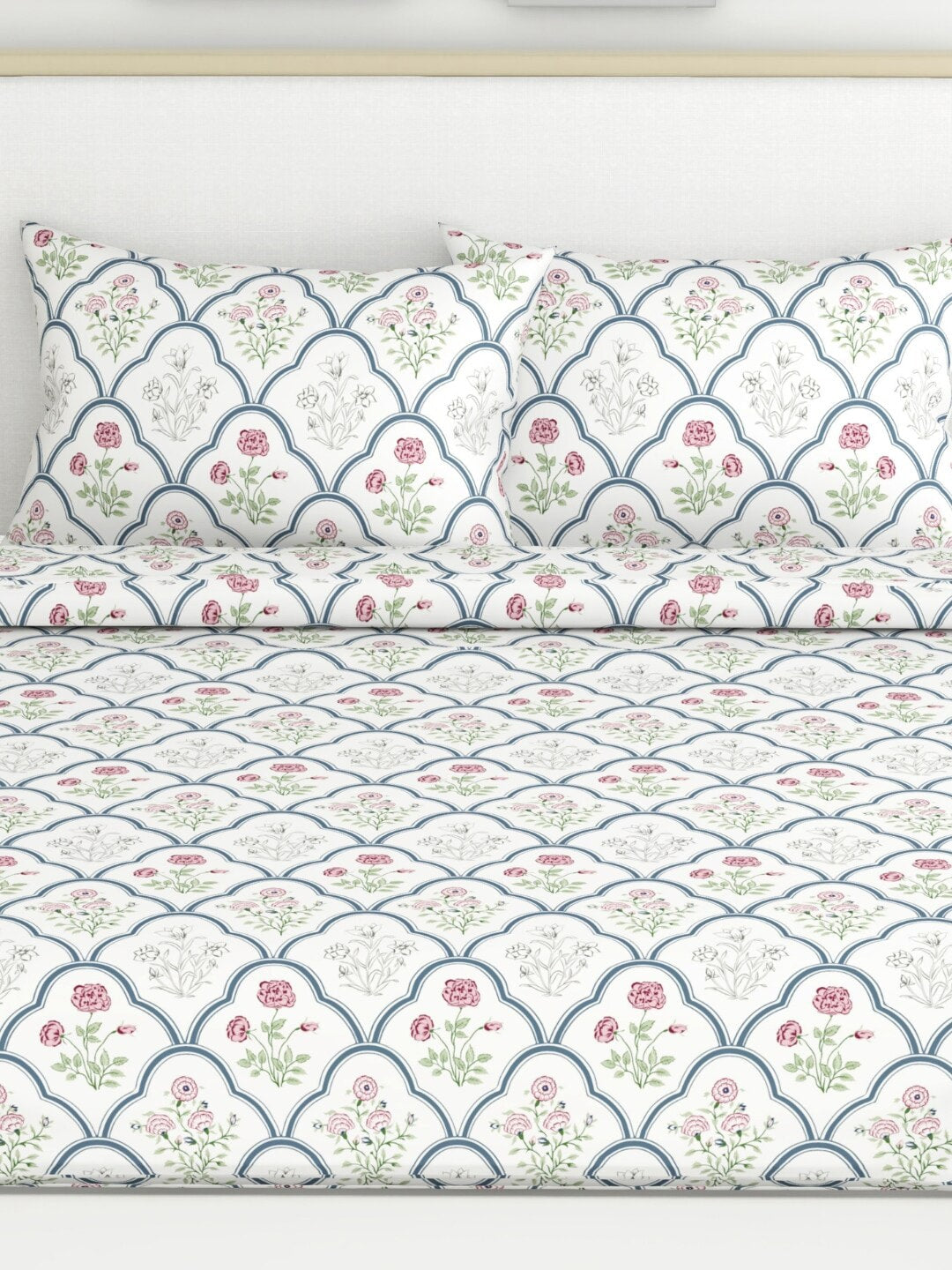 haus & kinder Blue & White Ethnic Motifs 186 TC King Bedsheet with 2 Pillow Covers - Distacart