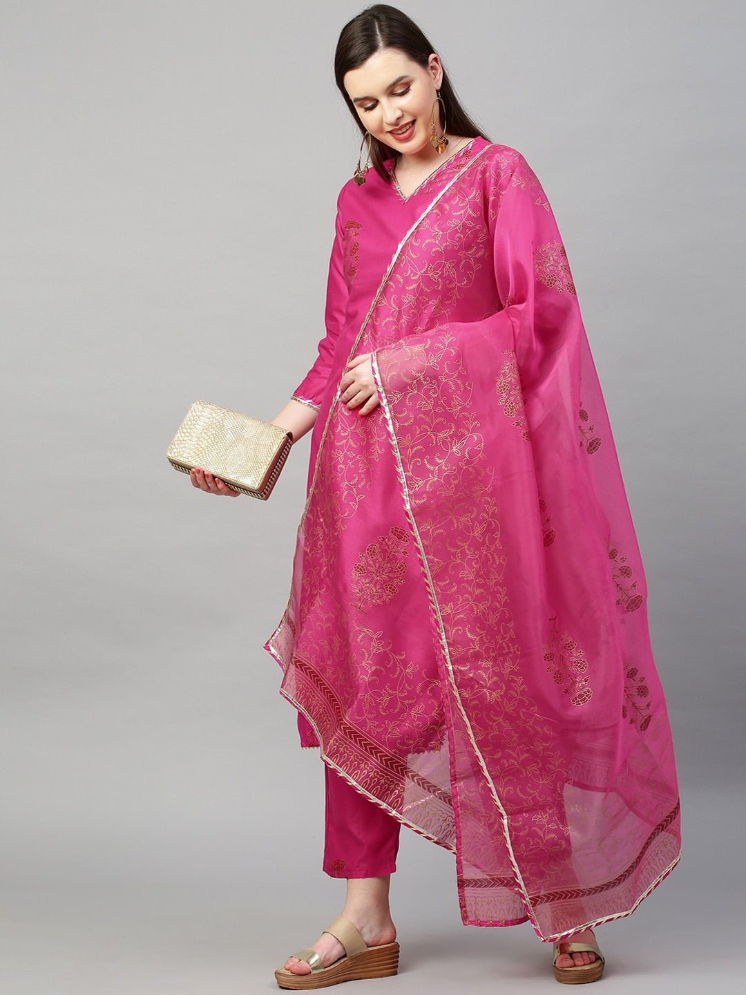 Kalini Women Pink Floral Printed Kurta with Trousers & With Dupatta - Distacart