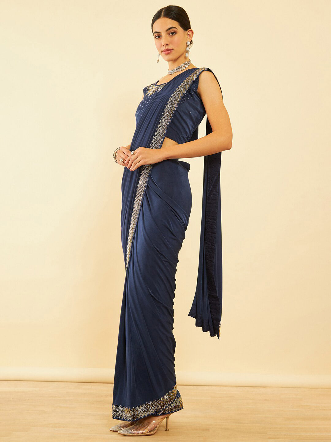 Soch Blue Beads and Stones Ready to Wear Saree - Distacart