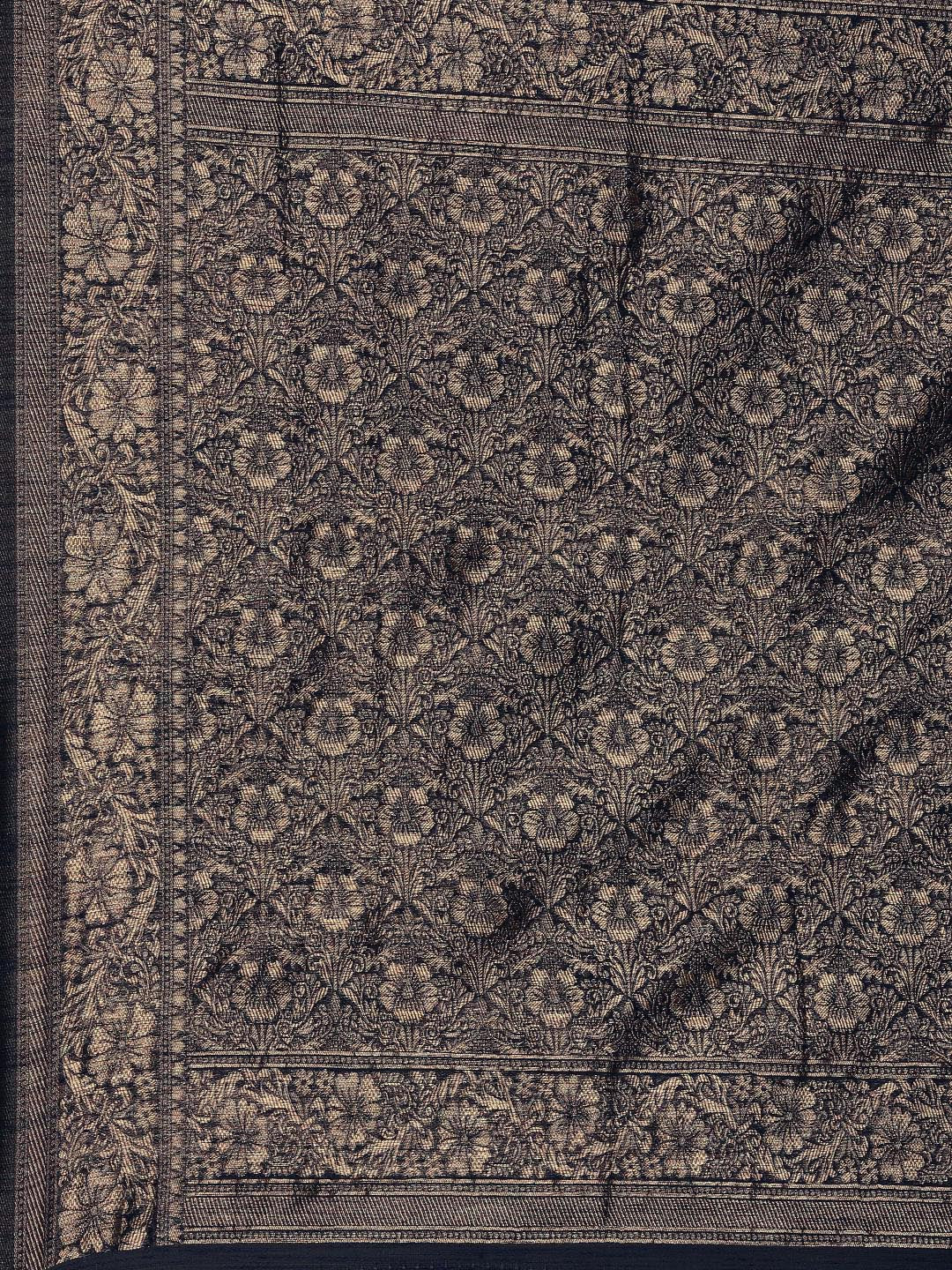 Saree Mall Navy Blue Floral Linen Blend Banarasi Saree - Distacart