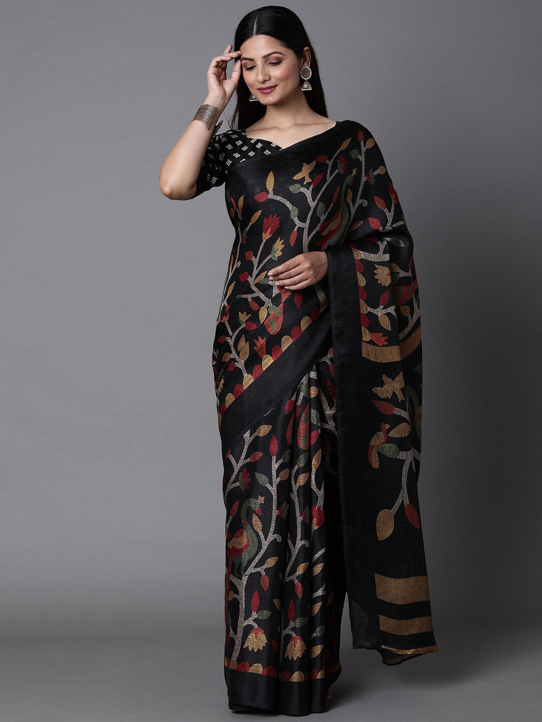 Mitera Black & Green Ethnic Motifs Jute Cotton Banarasi Saree with Matching Blouse - Distacart
