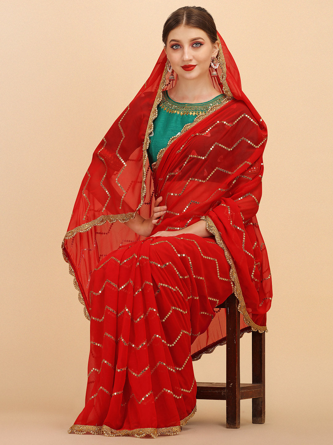 Sangria Red Embellished Sequinned Pure Georgette Saree - Distacart