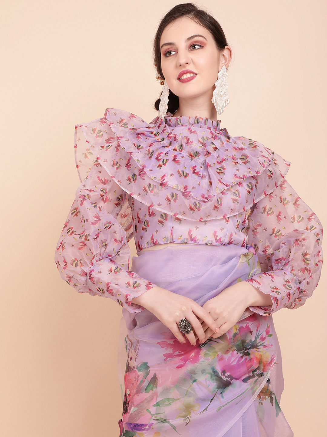 Sangria Lavender & Green Floral Organza Saree - Distacart