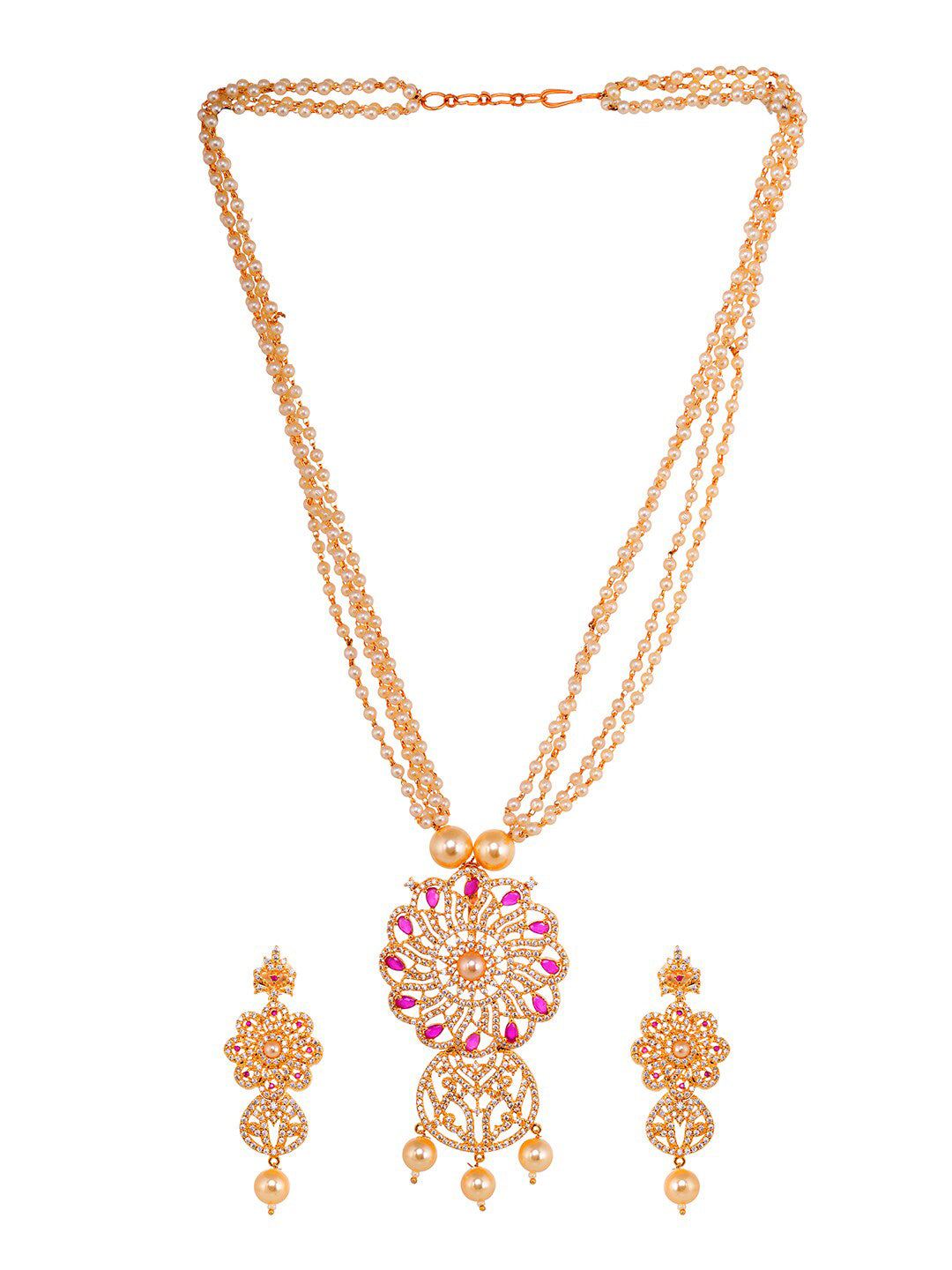 Saraf RS Jewellery Gold-Plated White & Pink American Diamond Studded & Beaded Handcrafted Set - Distacart