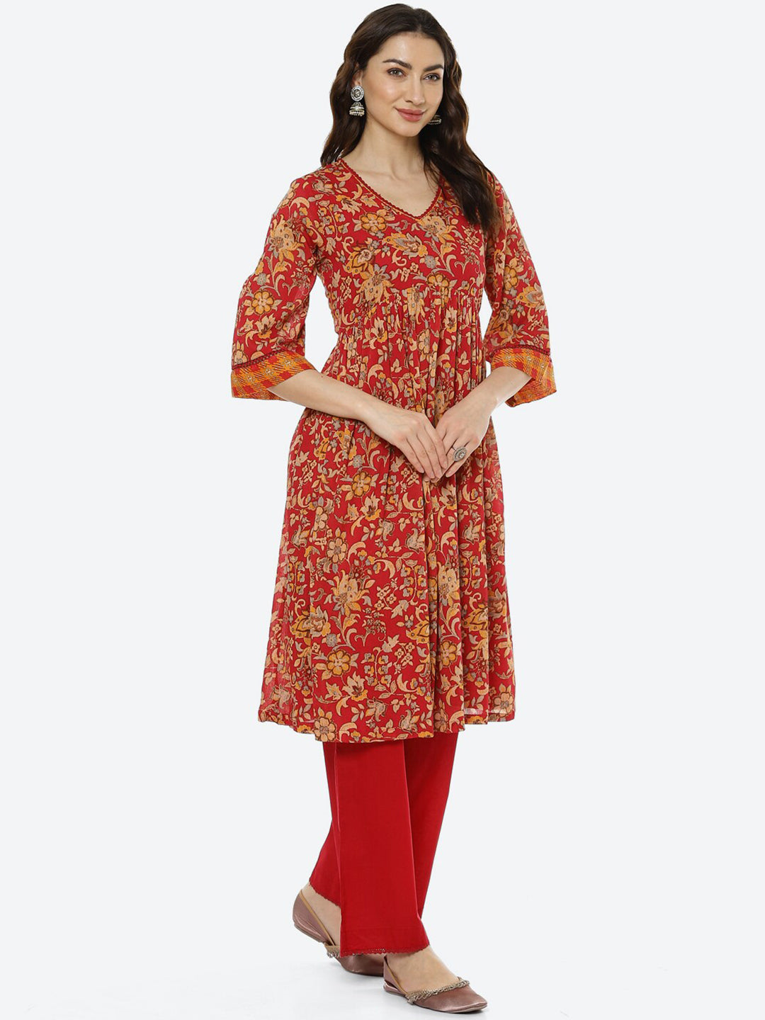 Biba Women Red Floral Printed Empire Pure Cotton Kurta with Palazzos - Distacart