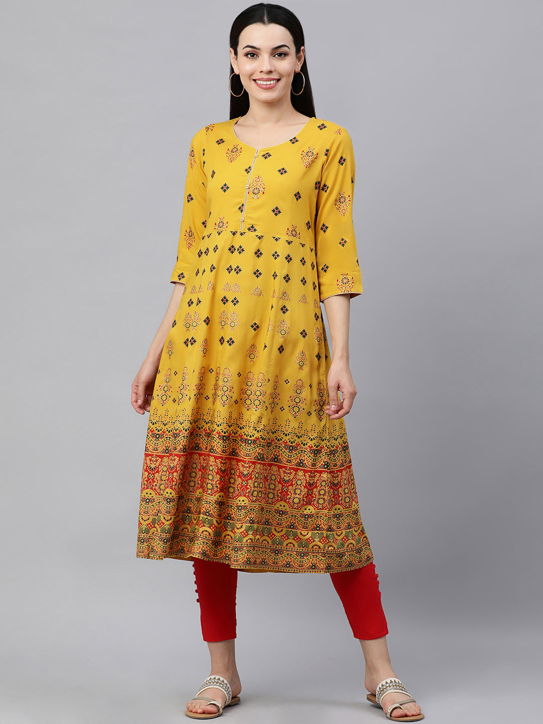 Kalini Women Yellow & Red Ethnic Motifs Printed A-Line Kurta - Distacart