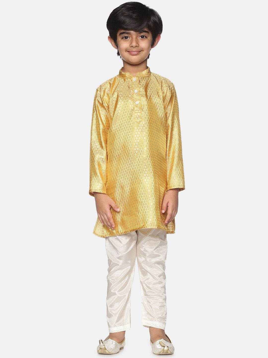 Sethukrishna Boys Gold-Toned & Off-White Kurta With Pyjamas - Distacart