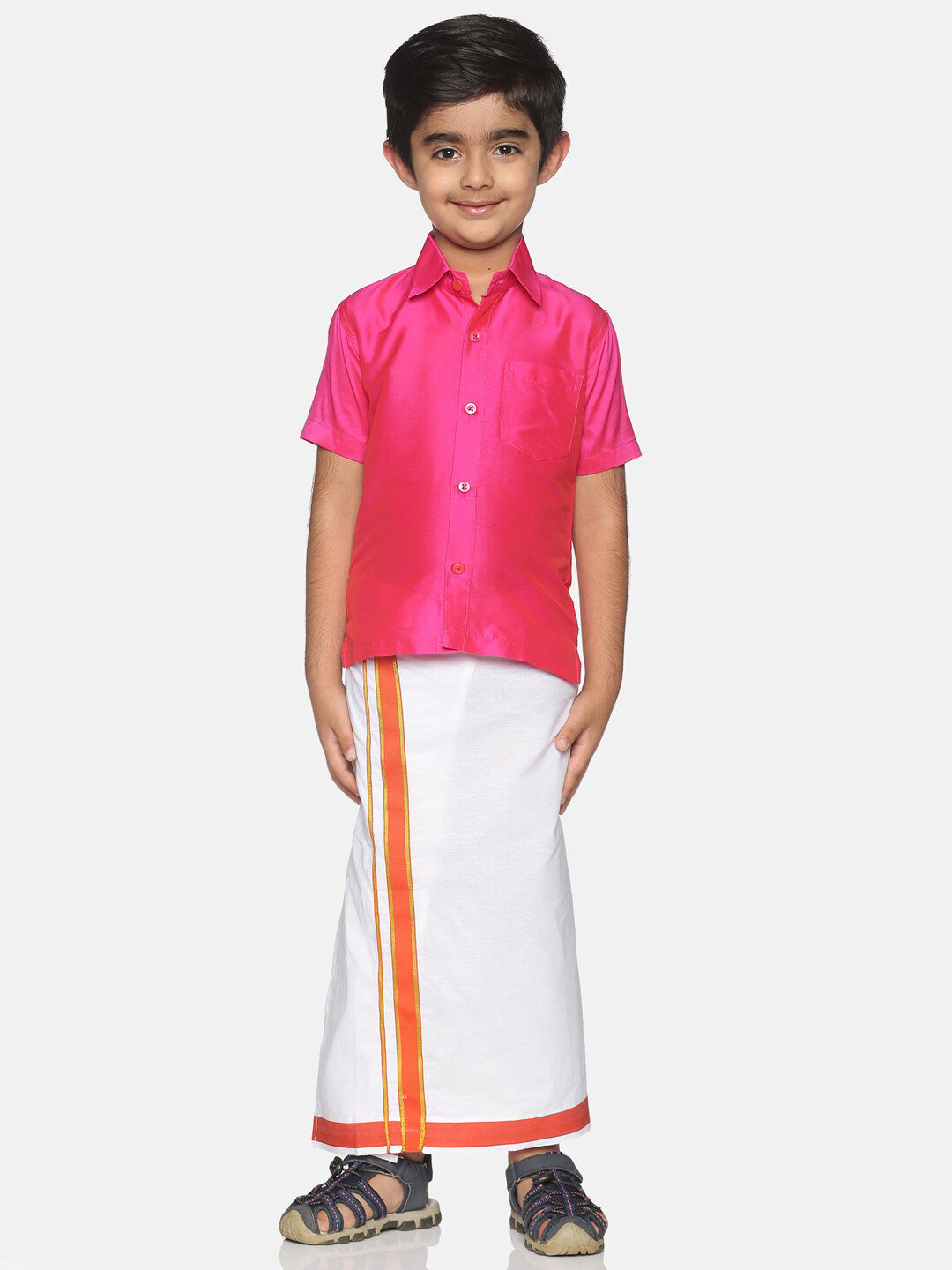 Sethukrishna Pink & White Solid Shirt with Veshti Set For Boys - Distacart