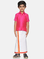 Thumbnail for Sethukrishna Pink & White Solid Shirt with Veshti Set For Boys - Distacart