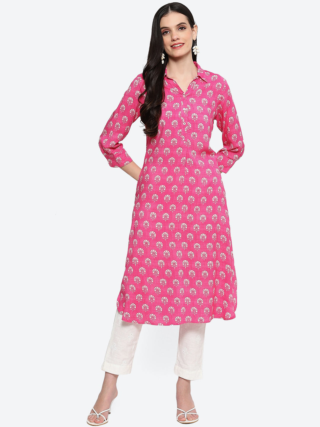 Biba Ethnic Motifs Printed Shirt Collar Kurta - Distacart