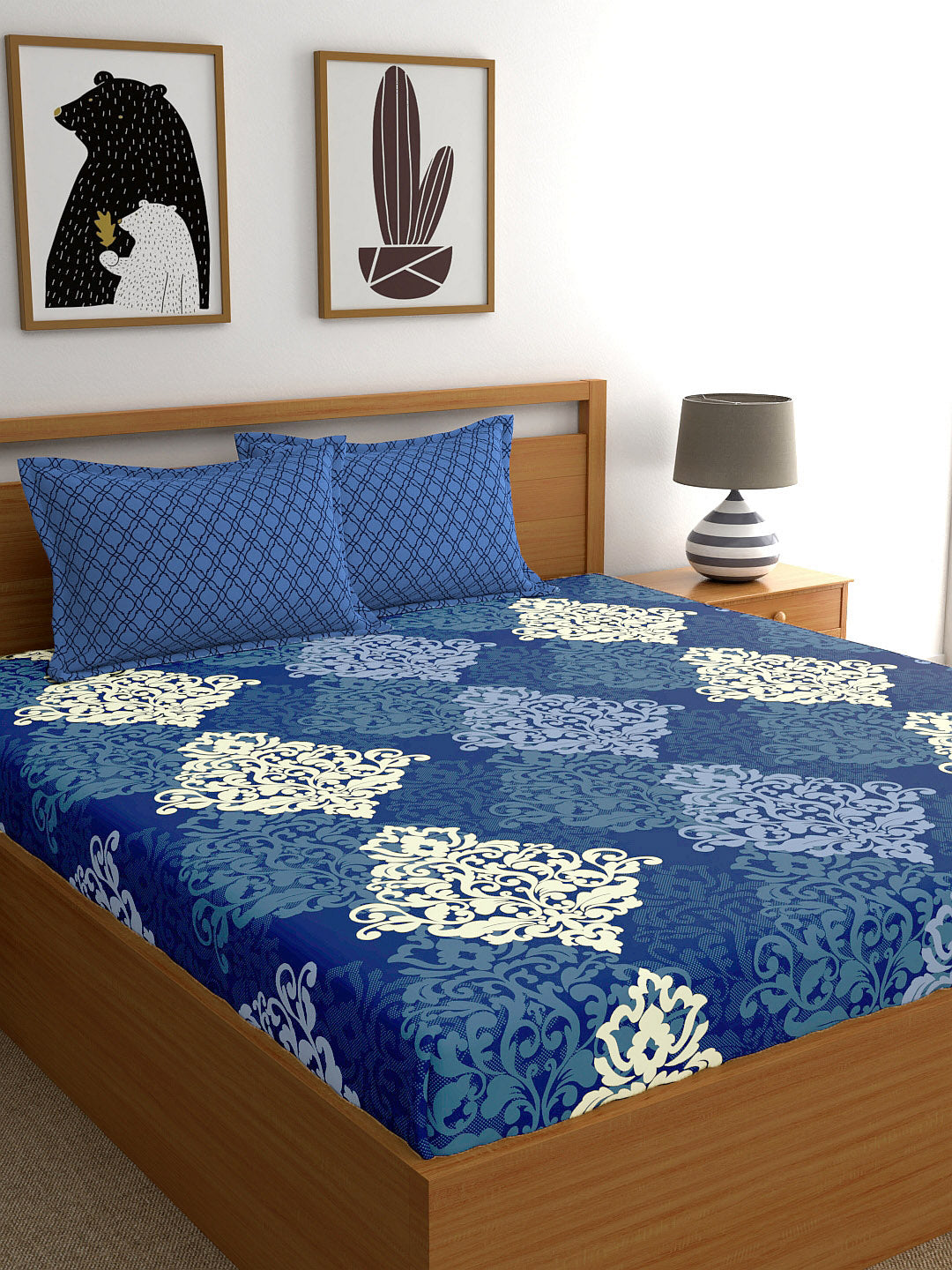 My Room Navy Blue & Yellow Ethnic Motifs 140 TC King Bedsheet with 2 Pillow Covers - Distacart