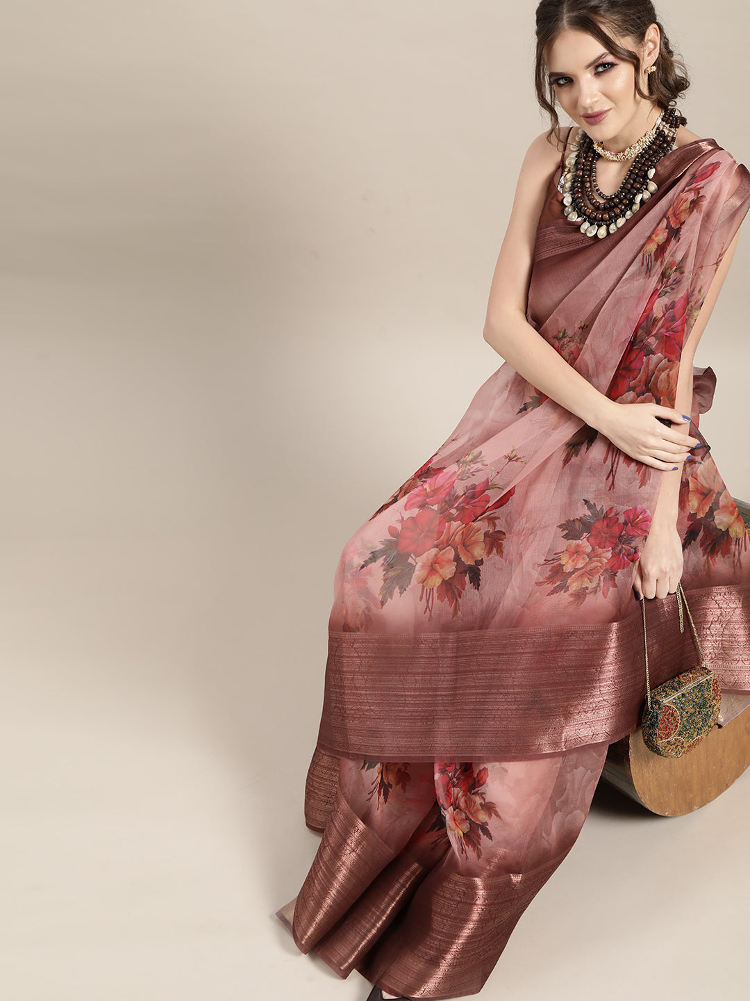 Saree Mall Mauve & Red Organza Block Print Saree - Distacart