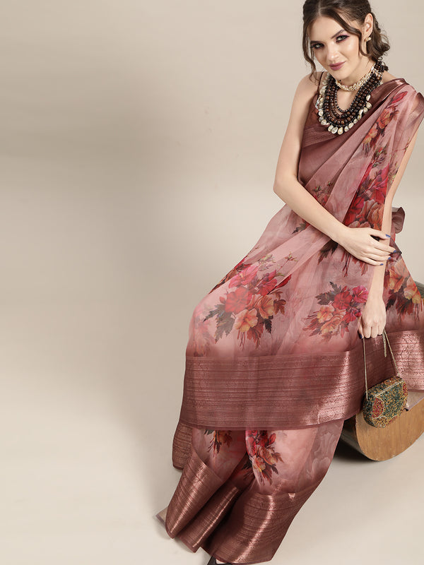 Saree Mall Mauve & Red Organza Block Print Saree - Distacart