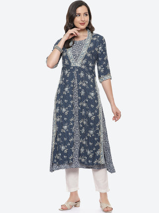 Biba Women Navy Blue & Beige Floral Printed Kurta - Distacart