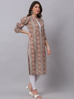 Thumbnail for Kalini Women Beige Tribal Striped Thread Work Straight Kurta - Distacart