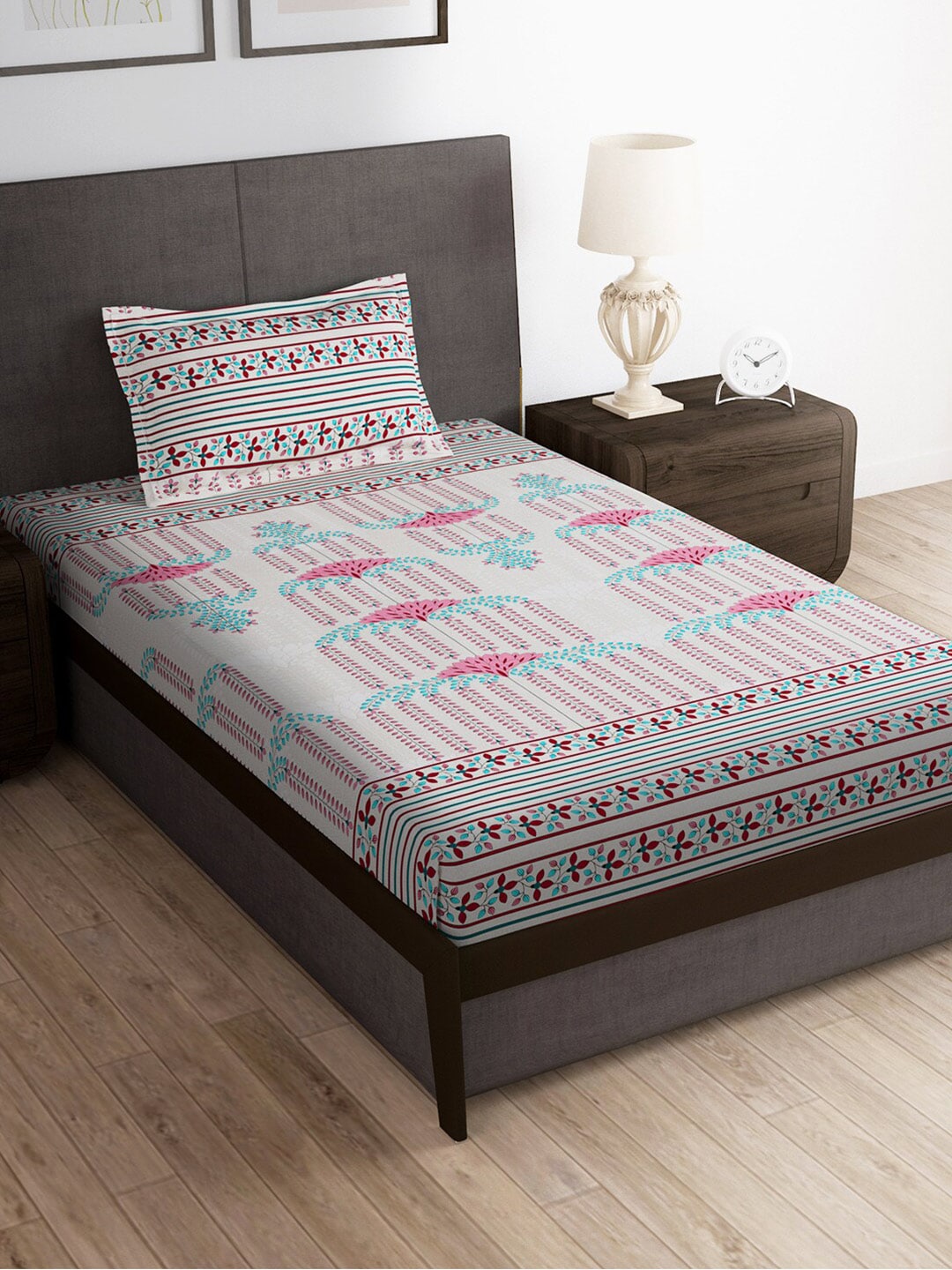 Story@home Grey & Pink Ethnic Motifs 180 TC Bedsheet with Pillow Cover - Distacart