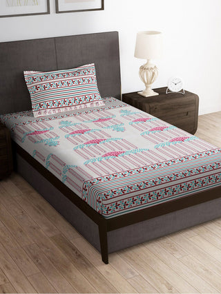 Story@home Grey & Pink Ethnic Motifs 180 TC Bedsheet with Pillow Cover - Distacart