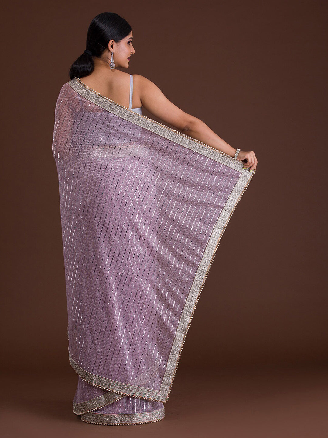 Koskii Lavender & Gold-Toned Embellished Mirror Work Supernet Saree - Distacart