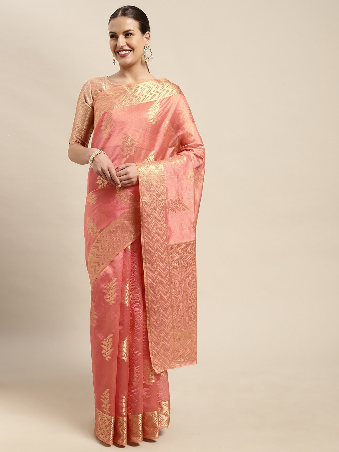 Mitera Pink & Gold-Toned Ethnic Motifs Zari Organza Kanjeevaram Saree - Distacart