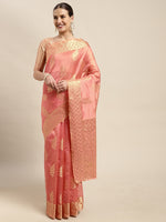 Thumbnail for Mitera Pink & Gold-Toned Ethnic Motifs Zari Organza Kanjeevaram Saree - Distacart