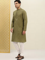 Thumbnail for House of Pataudi Men Olive Green Striped Straight Kurta with Embroidered Detail - Distacart