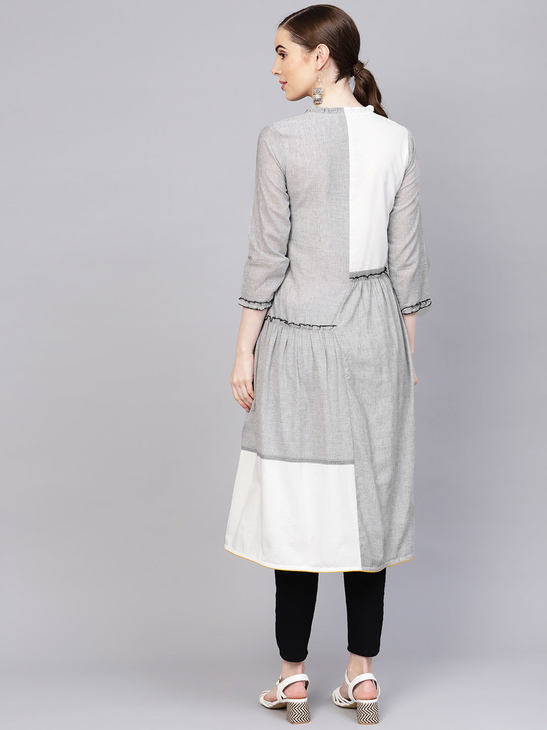 Biba Women Grey & White Colourblocked Tiered A-Line Kurta - Distacart