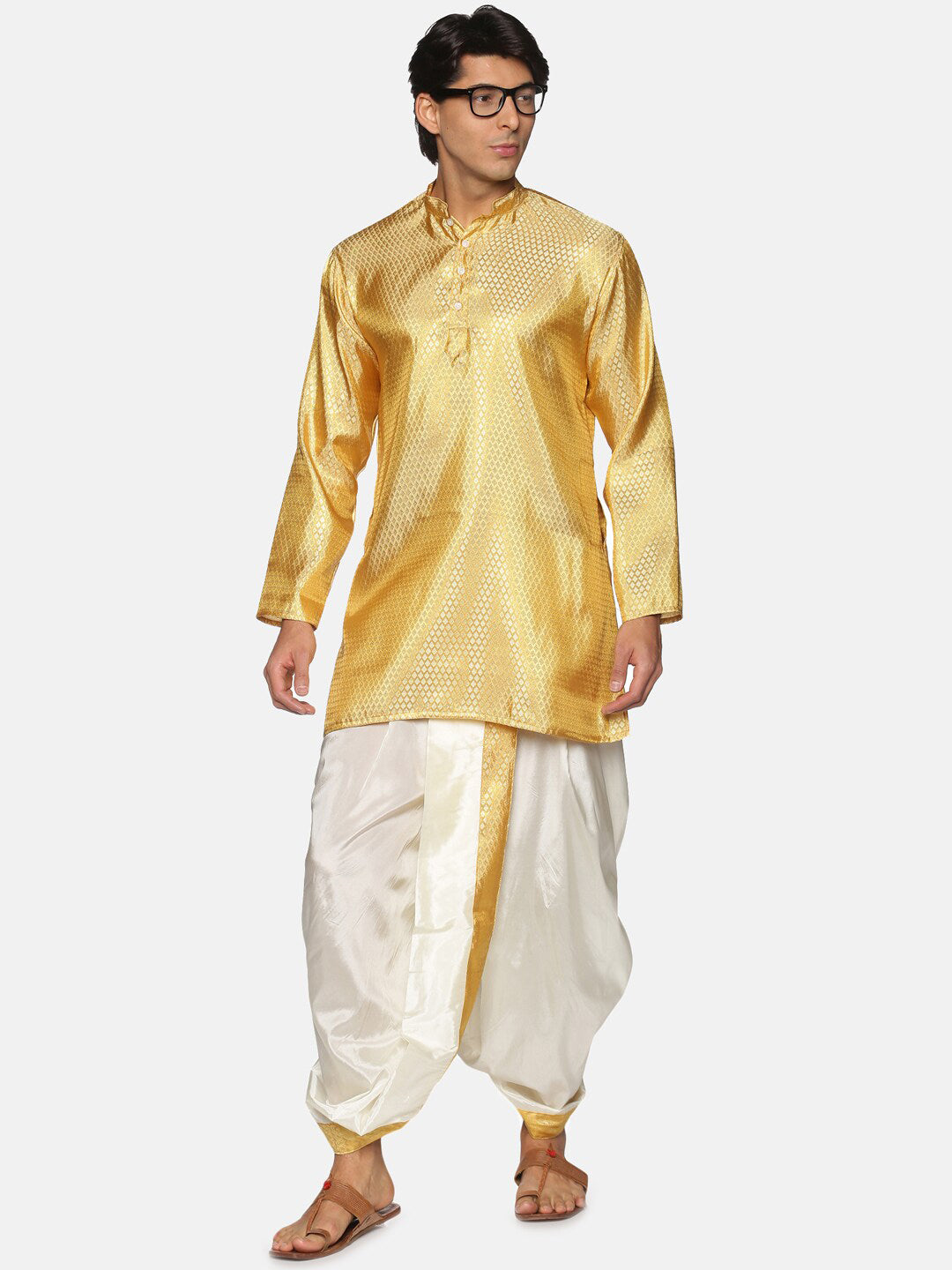 Sethukrishna Men Cream & Golden Solid Dhoti - Distacart