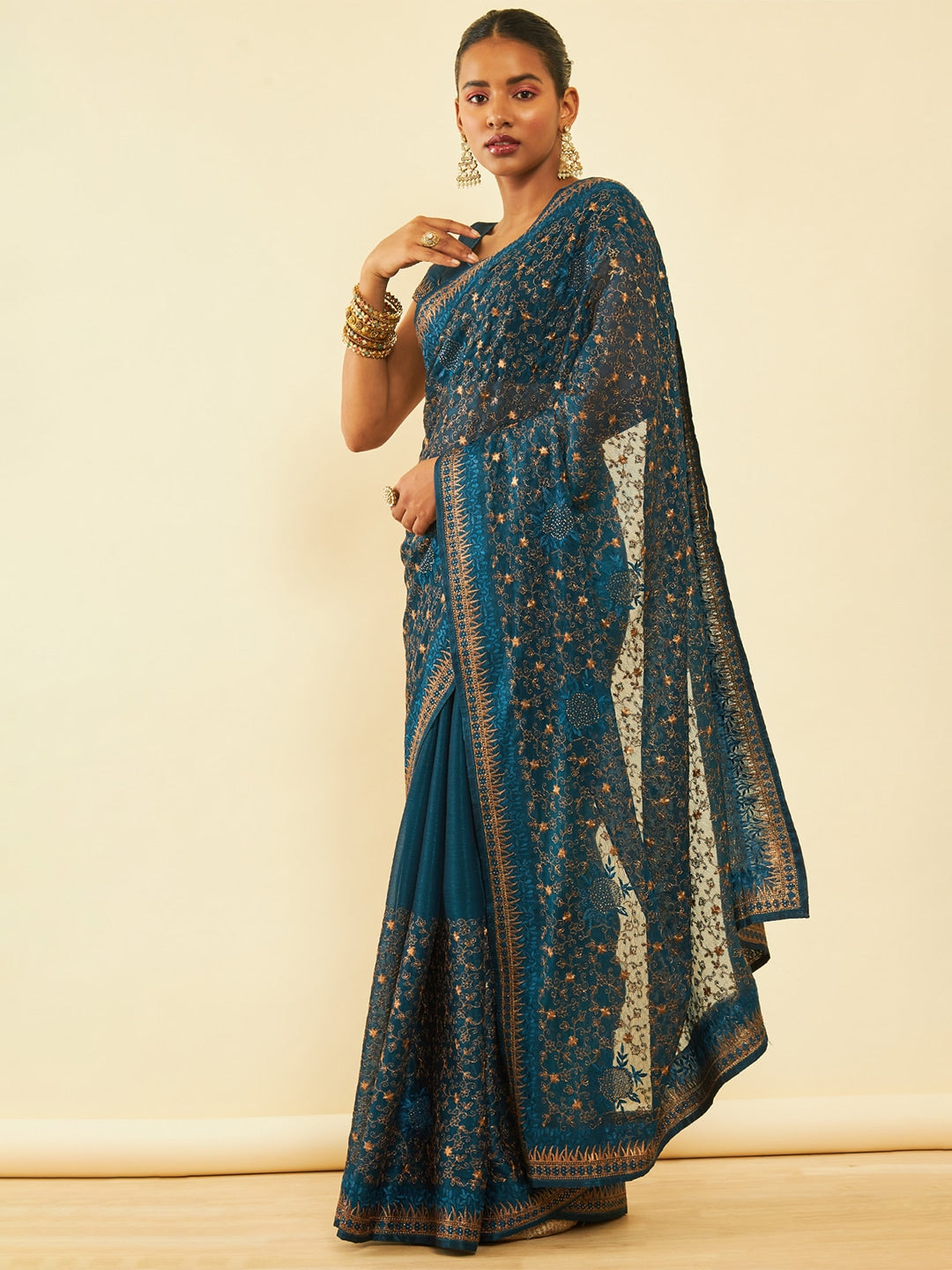 Soch Floral Embroidered Zari Pure Chiffon Saree - Distacart
