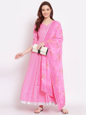 Myshka Women's Pink Printed Cotton Blend 3/4 Sleeve V Neck Casual Anarkali Kurta Dupatta Set