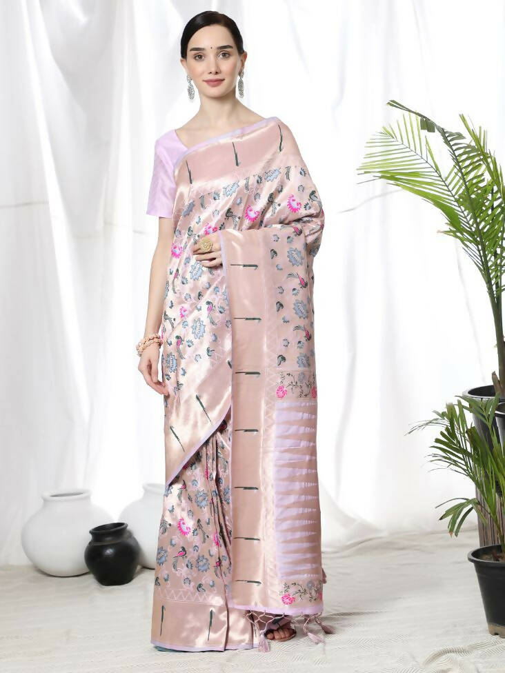 Vishnu Weaves Women's Purple Paithani Silk Zari Woven Saree with Unstitched Blouse - Distacart