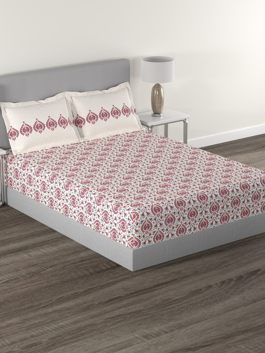 MYTRIDENT White Red Ethnic Motifs 144 TC Cotton Queen Bedsheet With 2 Pillow Covers - Distacart