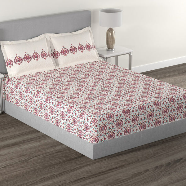 MYTRIDENT White Red Ethnic Motifs 144 TC Cotton Queen Bedsheet With 2 Pillow Covers - Distacart