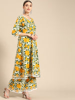 Thumbnail for Sangria Women Yellow Floral Printed Lace Inserts Pure Cotton Kurta with Sharara & Dupatta - Distacart