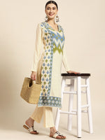 Thumbnail for Sangria Women Off White Ethnic Motifs Self Design Winter Kurta with Trousers - Distacart