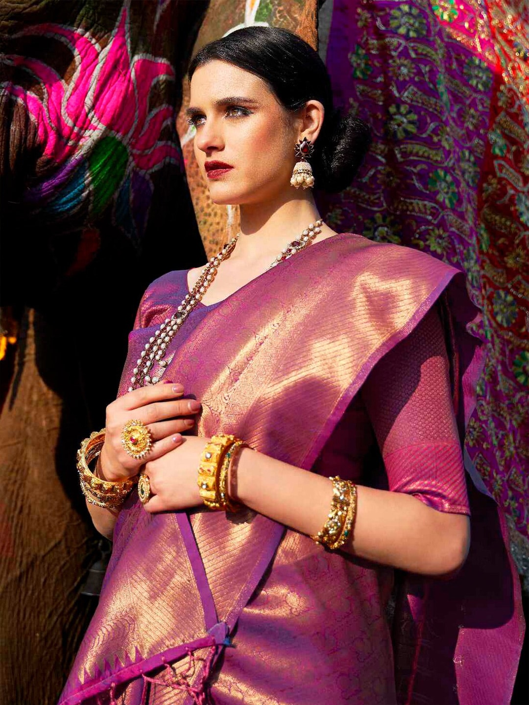 Mitera Burgundy & Golden Ethnic Motifs Zari Silk Blend Kanjeevaram Saree - Distacart