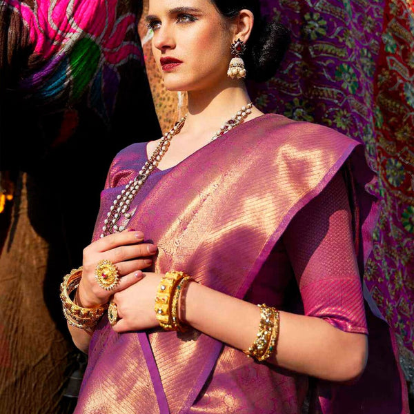 Mitera Burgundy & Golden Ethnic Motifs Zari Silk Blend Kanjeevaram Saree - Distacart