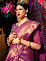 Thumbnail for Mitera Burgundy & Golden Ethnic Motifs Zari Silk Blend Kanjeevaram Saree - Distacart