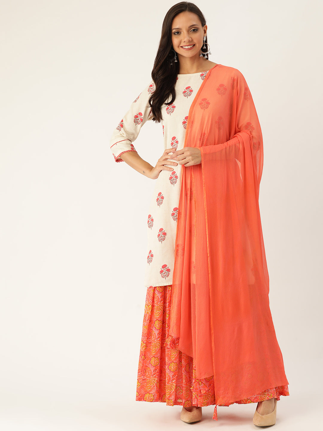 Jaipur Kurti Women Off-White & Peach-Coloured Printed Kurta with Sharara & Dupatta - Distacart