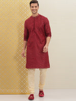 Thumbnail for House of Pataudi Men Red Embroidered Jashn Straight Kurta - Distacart