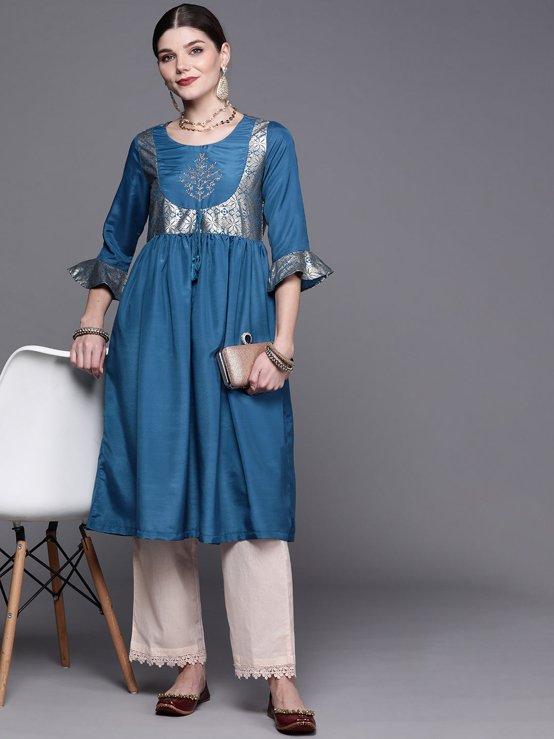 Biba Women Teal Blue & Golden Ethnic Motifs Yoke Design A-Line Kurta - Distacart