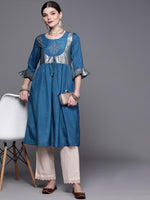 Thumbnail for Biba Women Teal Blue & Golden Ethnic Motifs Yoke Design A-Line Kurta - Distacart