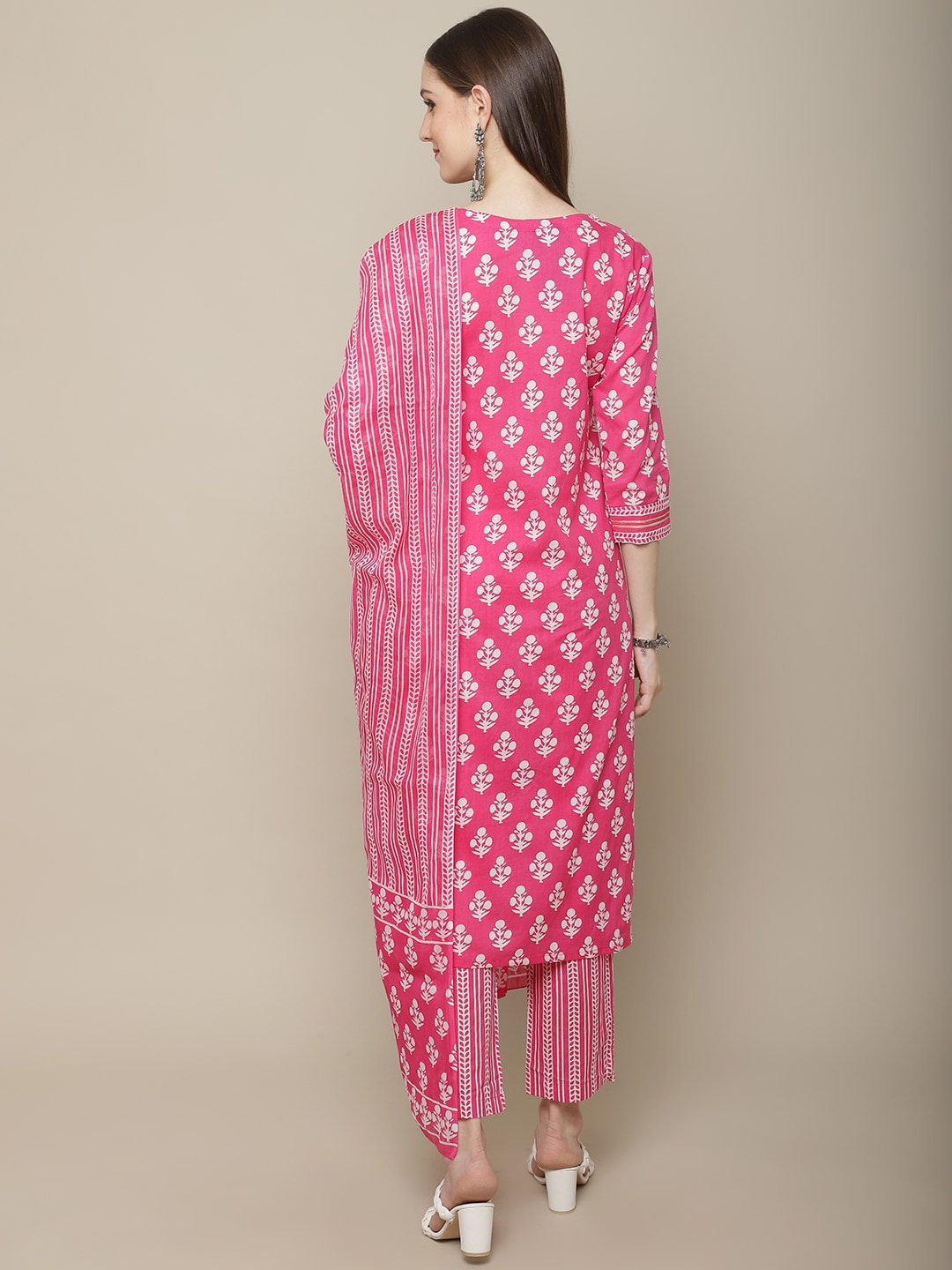 Sangria Women Floral Printed Mirror Work Pure Cotton Kurti with Trousers & Dupatta - Distacart